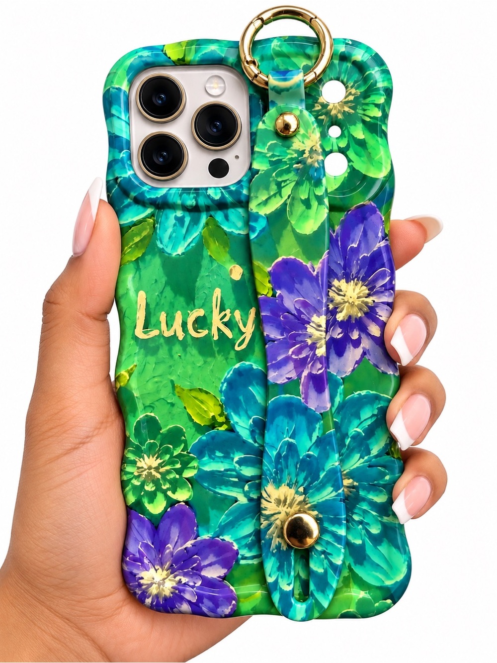 Lucky Floral Green Case with Strap and Ring for iphone 17 Pro Max & 18 Pro Max